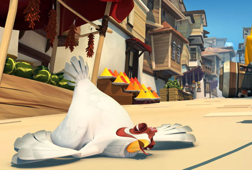 Una gallina blanca tendida boca abajo en la calle, con las alas abiertas, delante de un puesto de sandías y especias.