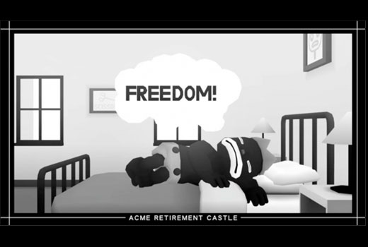 Viñeta en blanco y negro: un personaje de dibujo animado antiguo tumbado en una cama piensa «FREEDOM!»; abajo, el rótulo «ACME RETIREMENT CASTLE».