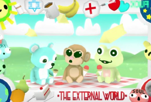 Un oso celeste, un mono y una rana de peluche en un pícnic, bajo el rótulo «THE EXTERNAL WORLD» y un marco de iconos de colores.